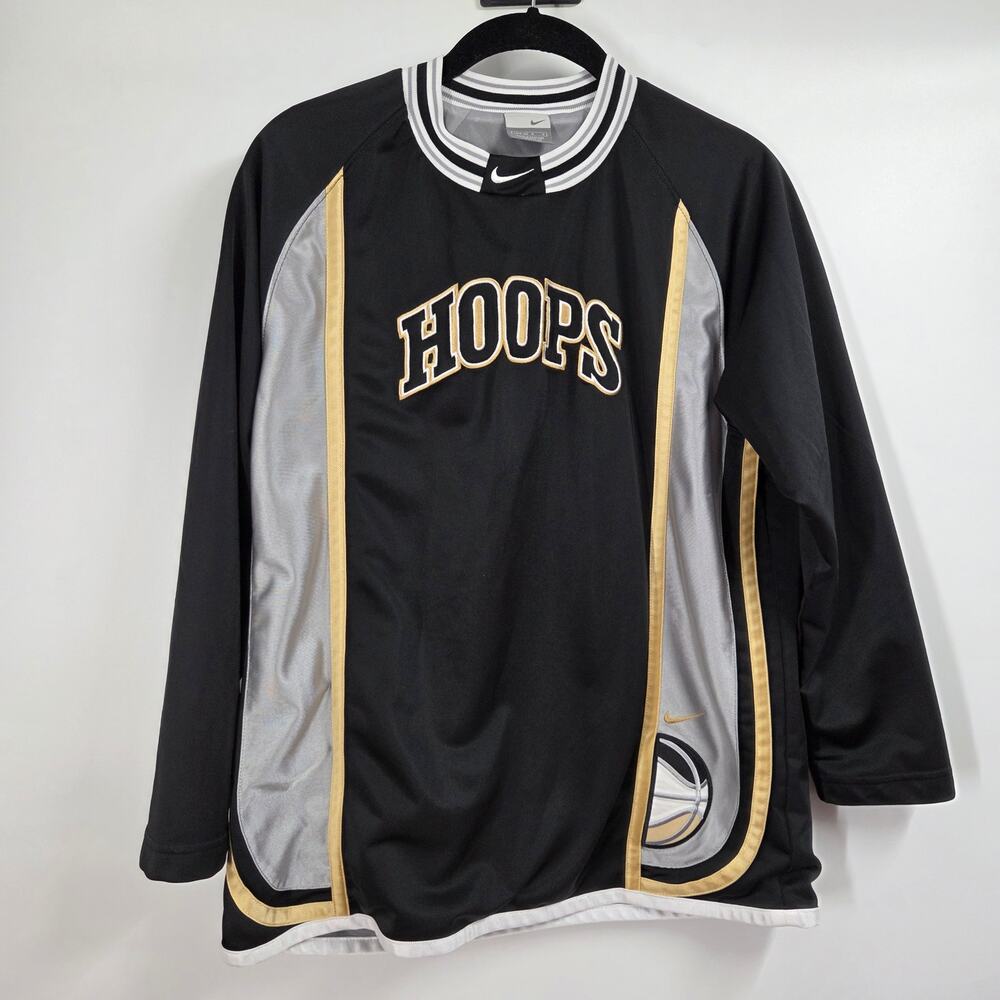 VTG Nike Hoops Big Spell out Embroidered Bball Warm Up Jersey Size L Gold Black